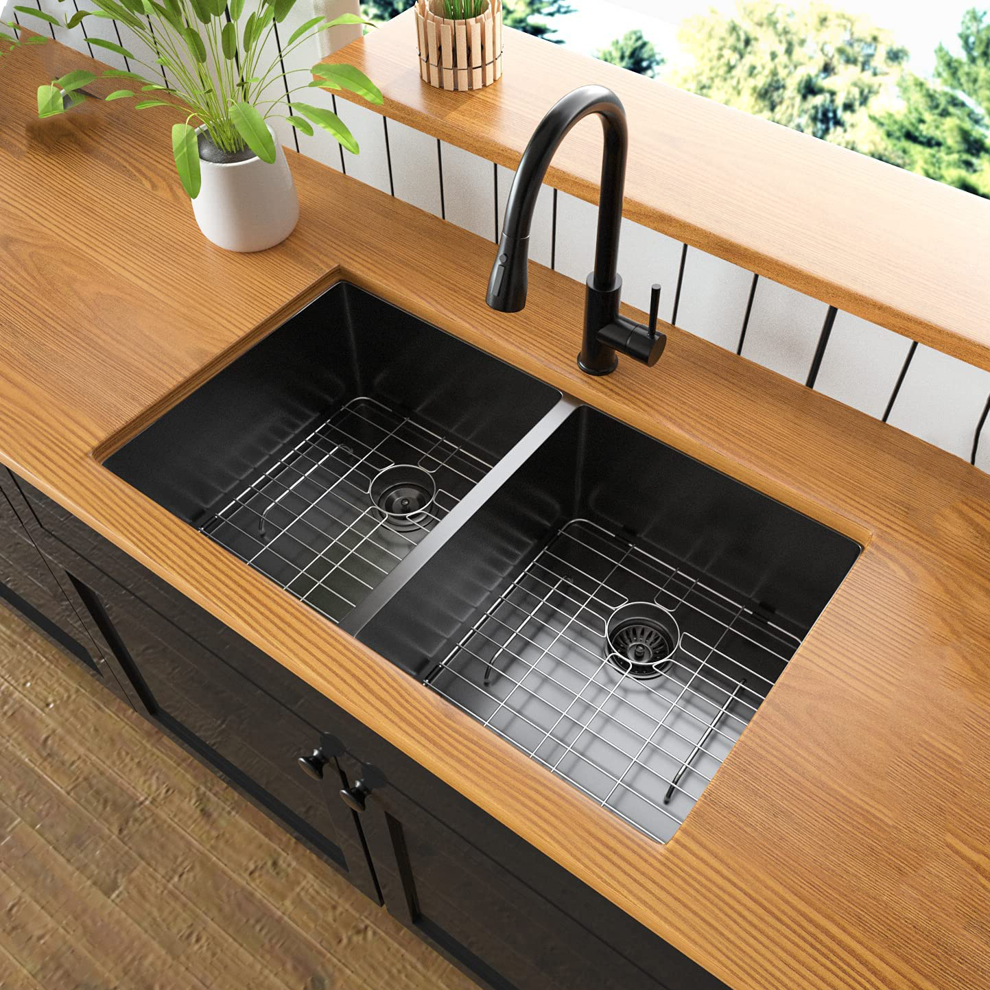 Matte Black Gold Stainless Steel Handmade Topmount Double Bowl Kitchen Sink