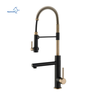 Aquacubic Sell Well Black and Gold Pull Down Sprayer Spring Mixer Tap Dual Head Brass Kitchen Faucet with Drinkng Spout