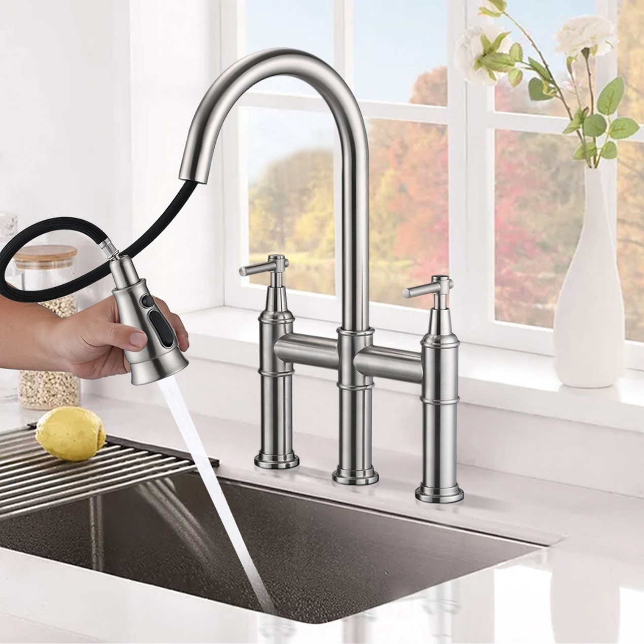 Pull-Down Sprayer Bridge Faucet Pull-Down Sprayer Bridge Faucet