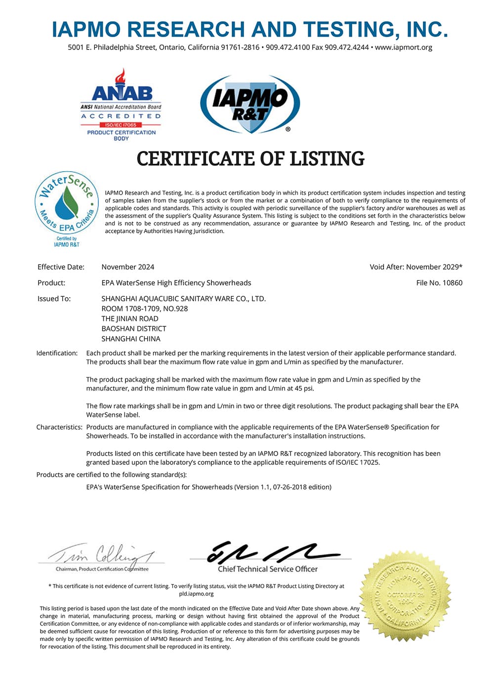 WaterSense certification Aquacubic WaterSense certification for high-efficiency kitchen sink plumbing fixtures