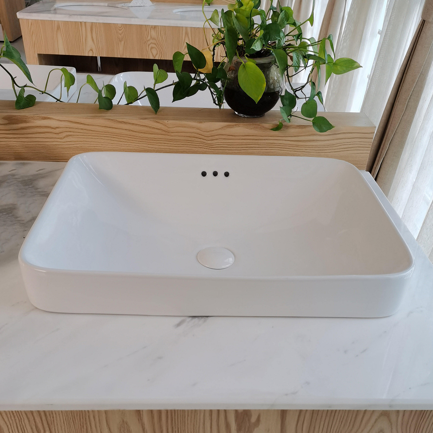 Rectangle Drop In Bathroom Sink White Ceramic Above Counter Semi Recessed Vessel Sink