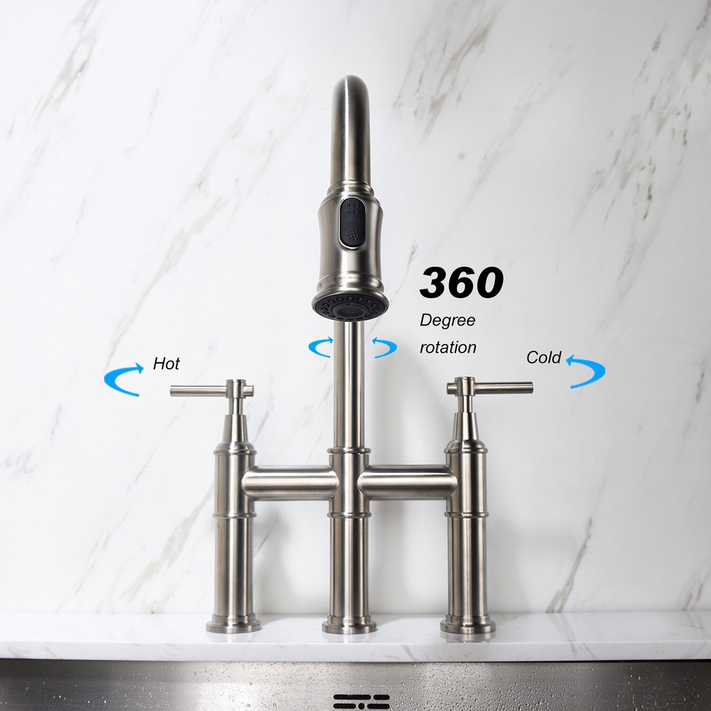  Aquacubic Bridge Kitchen Faucet with Pull-Down Sprayhead Fingerprint Resistant Spot Free