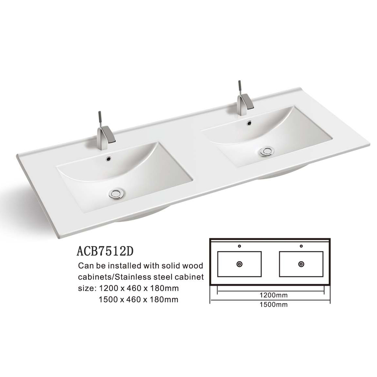 Aquacubic Drop-in Self-Rimming Double Bowl Square Bathroom ceramic Countertop Sink