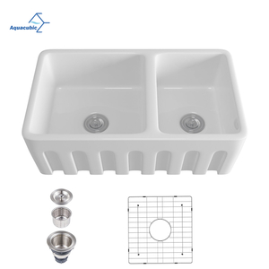 White 33 Inch Farm Fireclay Kitchen Sink Apron Front Double Bowl 60/40 White Ceramic Kitchen Sink with 2 Stainless Steel Grid and 2 Drains