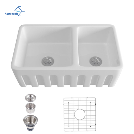 White 33 Inch Farm Fireclay Kitchen Sink Apron Front Double Bowl 60/40 White Ceramic Kitchen Sink with 2 Stainless Steel Grid and 2 Drains