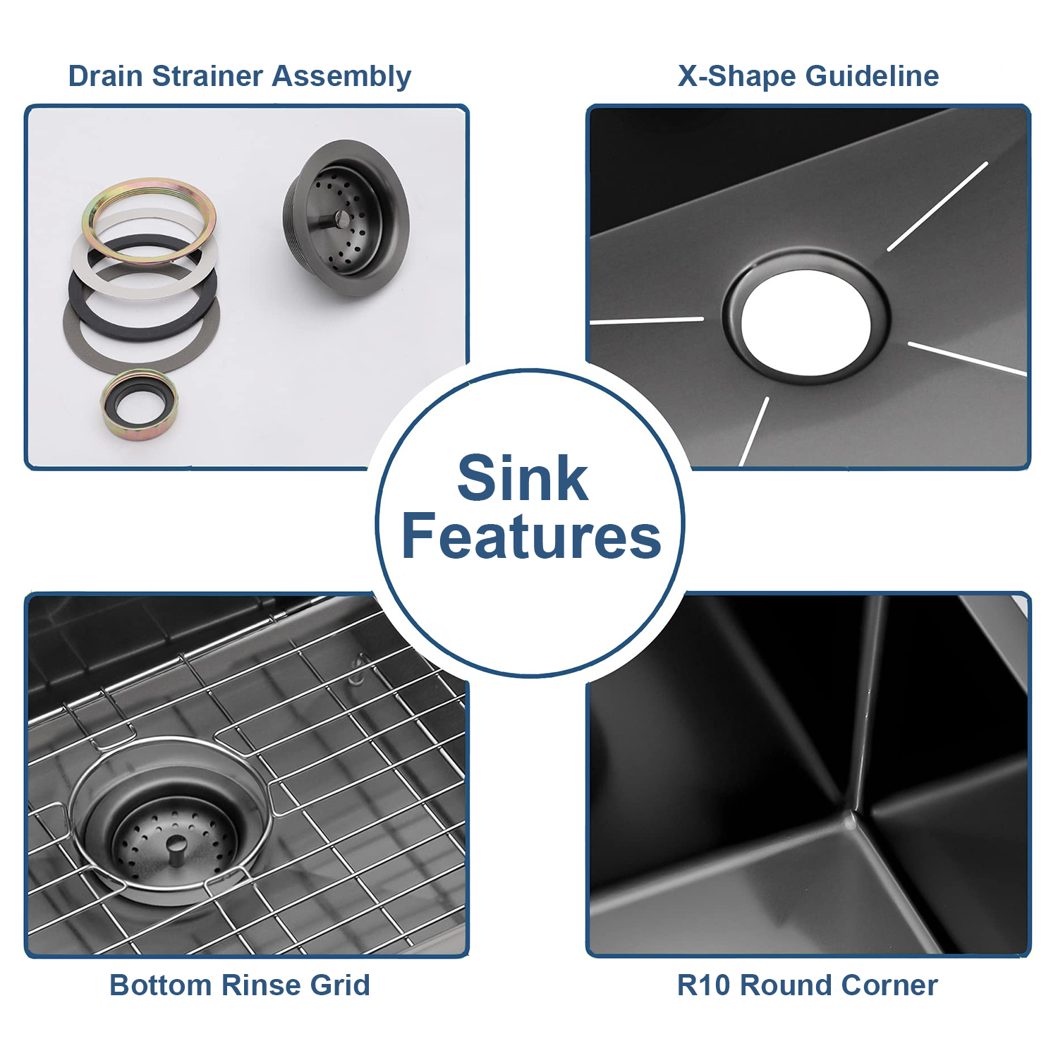 27"×22" Kitchen Sink Drop In Topmount Matte Black Stainless Steel Kitchen Sink Single Basin with Bottom Grid Drain Strainer Set