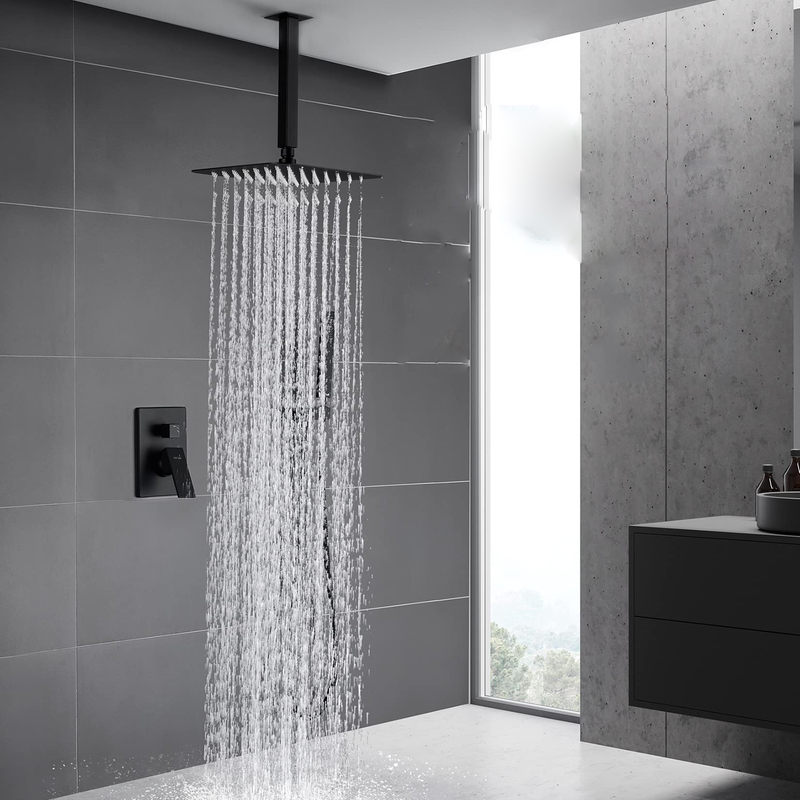 Bathroom 12 Inch Square Matte Black Ceiling Mount Rain Shower System ...