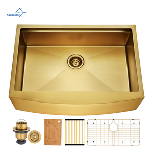 Farmhouse PVD Gold Color 304 Stainless Steel Handmade Single Bowl Kitchen Sink with Ledge