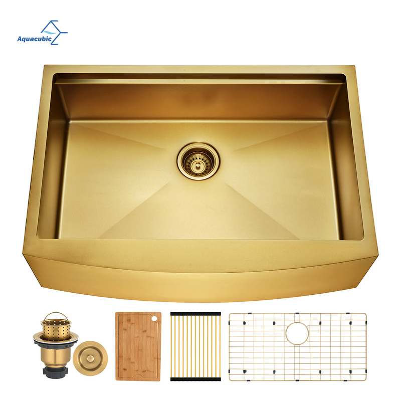 Farmhouse PVD Gold Color 304 Stainless Steel Handmade Single Bowl Kitchen Sink with Ledge