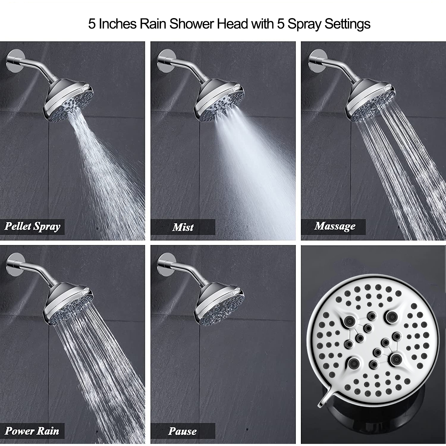 High Pressure Fixed 5 Inches 5 Spray Settings Rain Shower Head