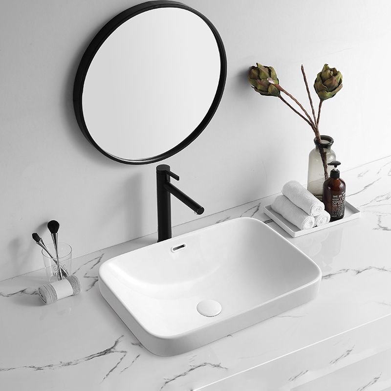 Sanitary Ware Semi-Counter Lavabo White Ceramic Hand Wash Basin Rectangle Bathroom Sink