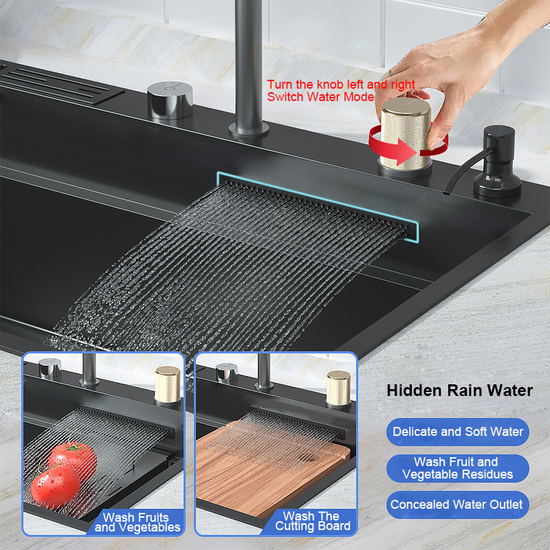 Luxury Modern Handmade 304 Stainless Steel Nano Kitchen Sink With Multifunction Waterfall Faucet