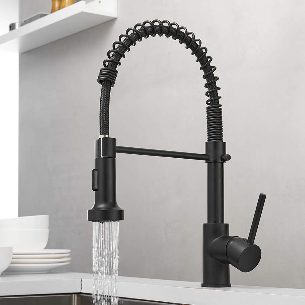 China Factory Aquacubic CUPC Certified Solid Brass Matte Black Pull Down Spring Kitchen Faucet