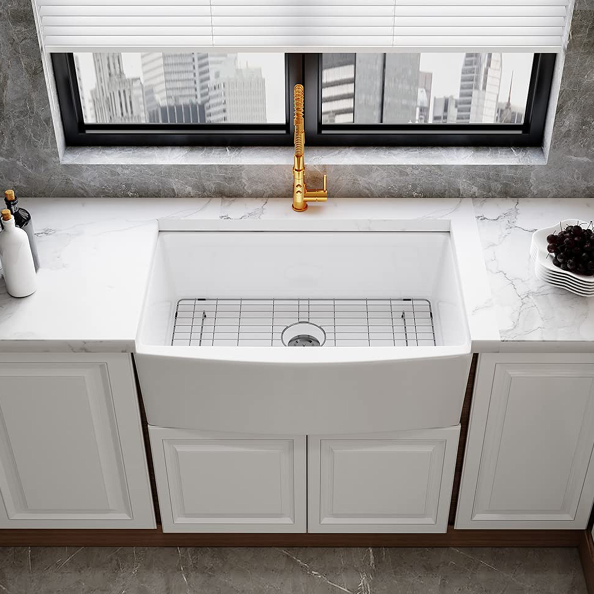 Aquacubic cUPC certified 33" x 21" White Ceramic Kitchen Single Bowl Apron Front Farmhouse Sink
