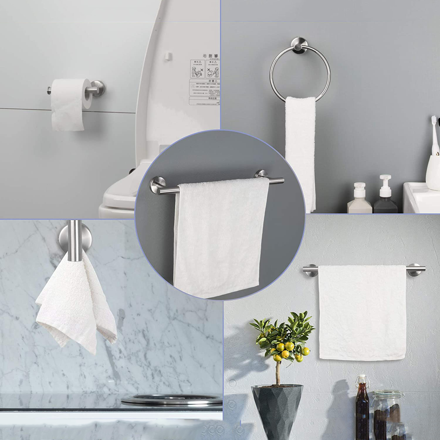 5 Piece Towel Bar Set Chrome Polish, Modern Bathroom Accessories Set, Bath Towel Rack Set Towel Ring