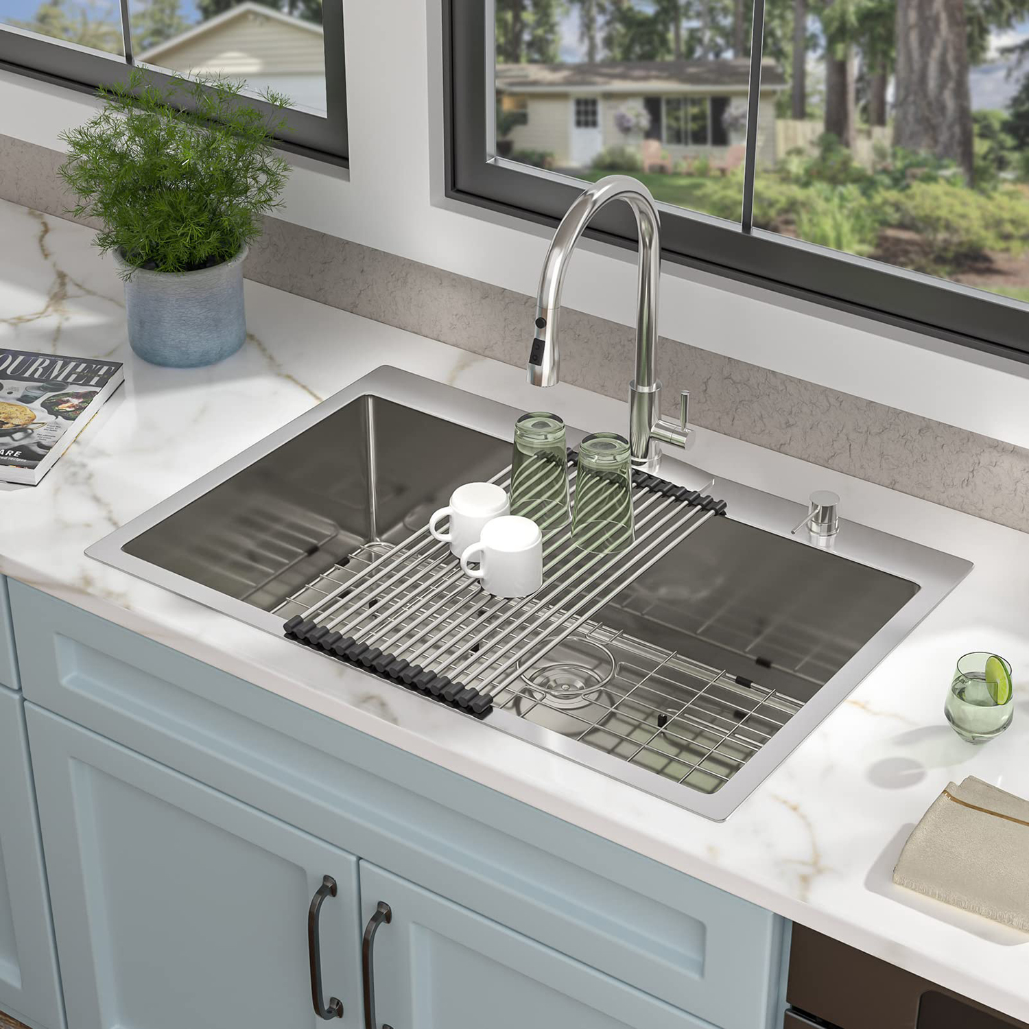 33-in Drop in 304 Stainless Steel Handmade Topmount Kitchen Sink with Faucet 