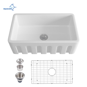 Aquacubic Single Bowl 33 inch Ceramic Kitchen Sink White Reversible Sink with Bottom Grid and Basket Strainer for USA