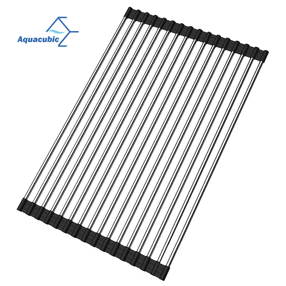 Dish Drying Rack 17.6" x 16", Over Sink Roll Up Large Dish Drainers Rack, Multipurpose Foldable Kitchen Sink Rack Mat Stainless Steel with Silicone Rims 