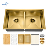 Factory PCD Nano Golden 304 Stainless Steel Double Bowl Handmade Kitchen Sink with Ledge