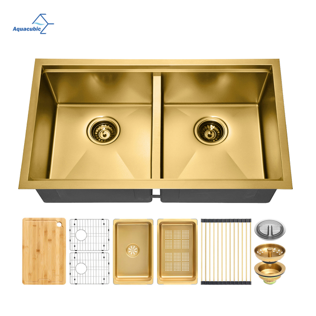 Factory PCD Nano Golden 304 Stainless Steel Double Bowl Handmade Kitchen Sink with Ledge