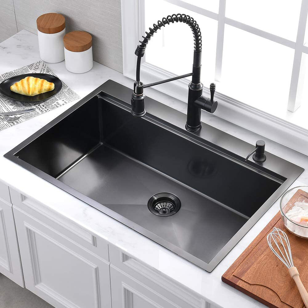 Scamall 33 Inch Topmount Kitchen Sink 33X22 Inches Drop In Workstation 16 Gauge Single Bowl 10" Deep With Accessories Stainless Steel Gunmetal Black