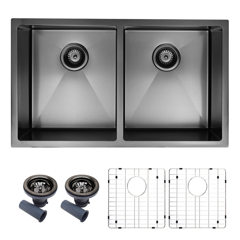 Gunmetal Black 304 Stainless Steel Handmade Undermount 31 inch Double Bowl Kitchen Sink