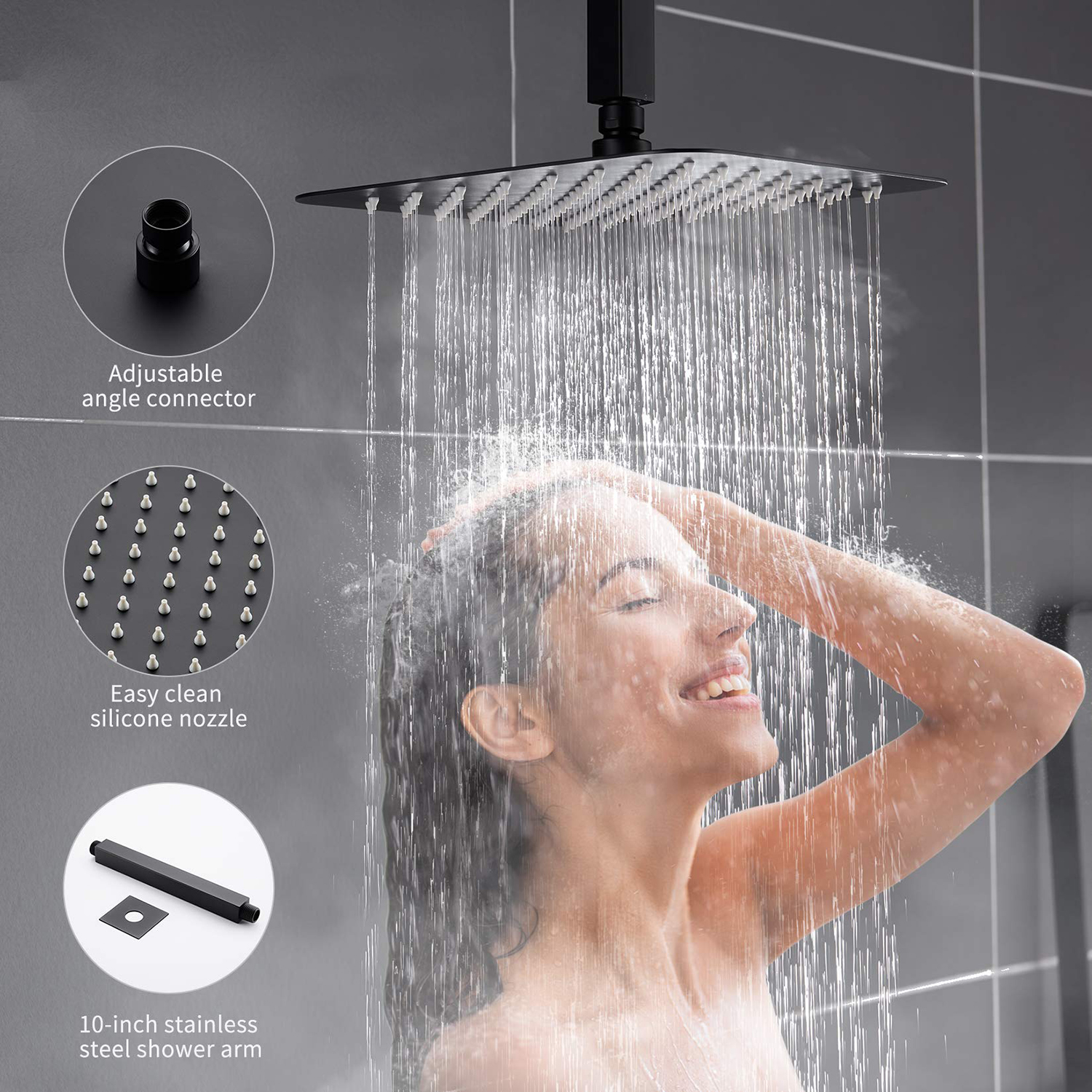 Bathroom 12 Inch Square Matte Black Ceiling Mount Rain Shower System with Handheld Shower
