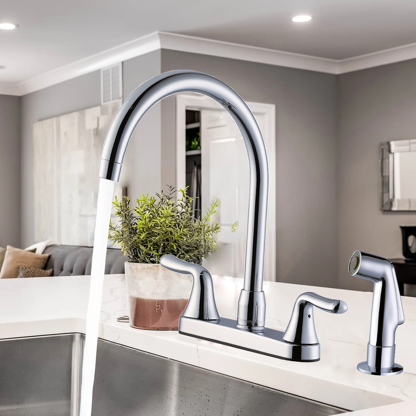 Two Handle Kitchen Faucet with Sprayer,High Arch 360 Swivel Kitchen Faucet Side Sprayer for Sink 3 Hole 4 Hole