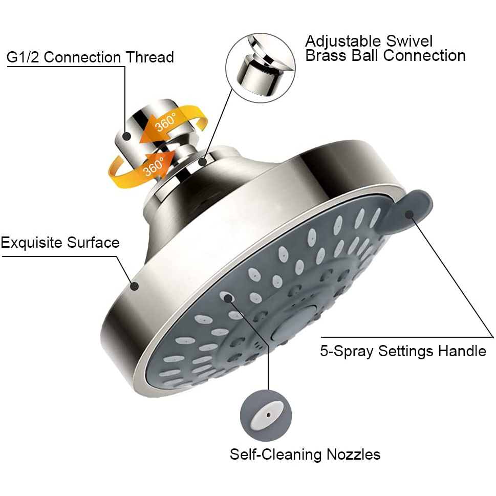 Aquacubic Shower Head Rainfall Fixed Showerhead High Pressure 4 inch Round Overhead Spray with Swivel Ball