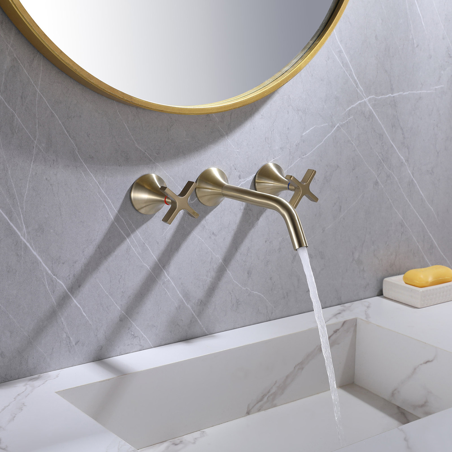 Contemporary Dual Handles Basin Set in Wall Mounted Brass Bathroom Faucet Mixer