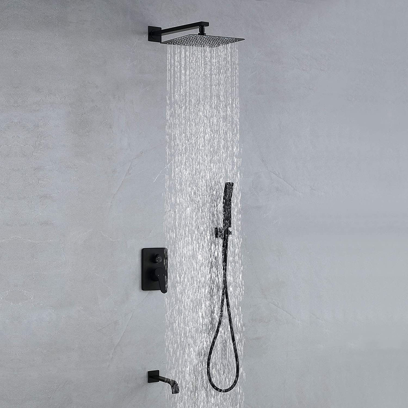 Aquacubic 12 Inch Square Matte Black Wall Mount Rain Shower Bath Shower ...