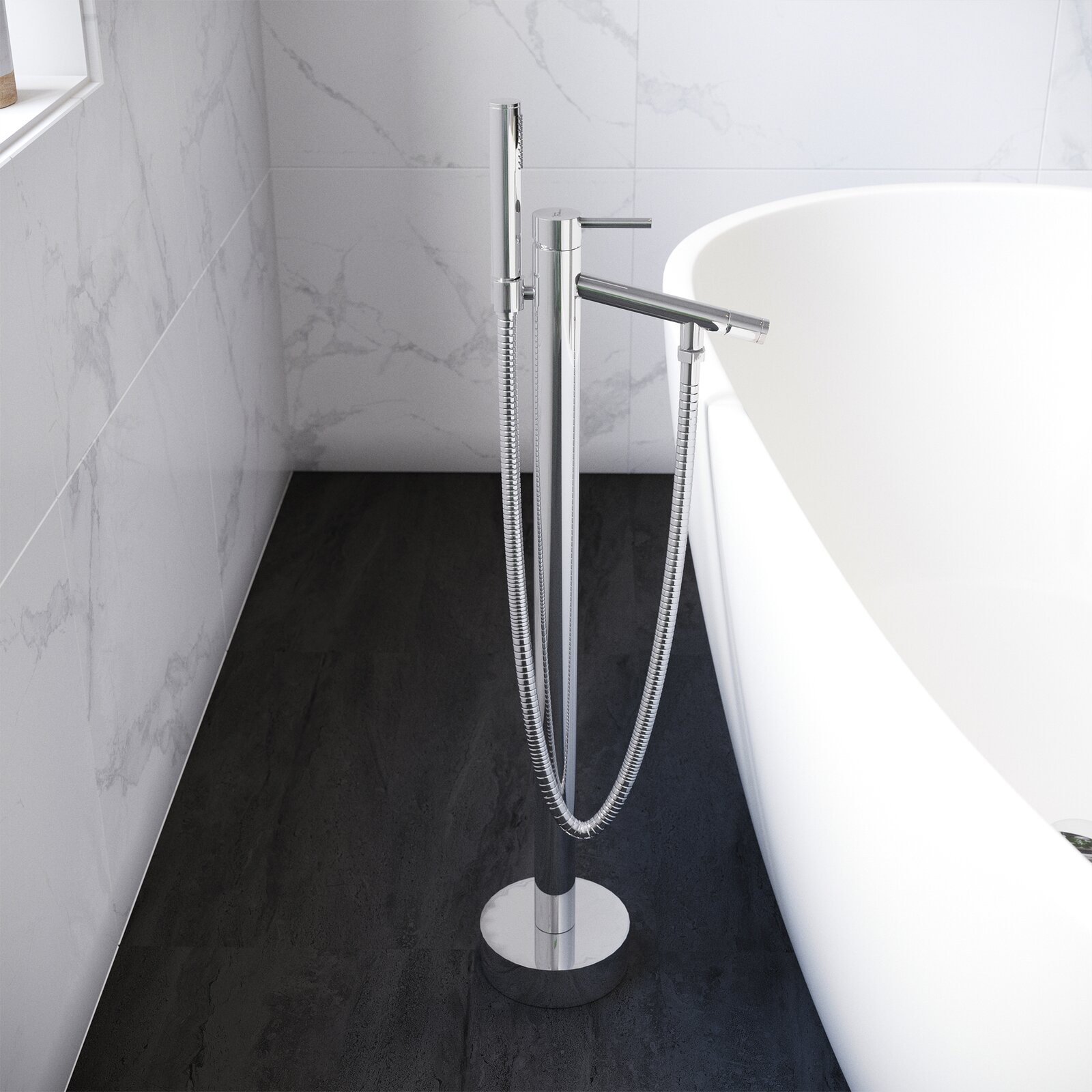 Aquacubic Floor Mounted Brass Bathroom Freestanding Tub Filler Bathtub Faucet with Hand Shower