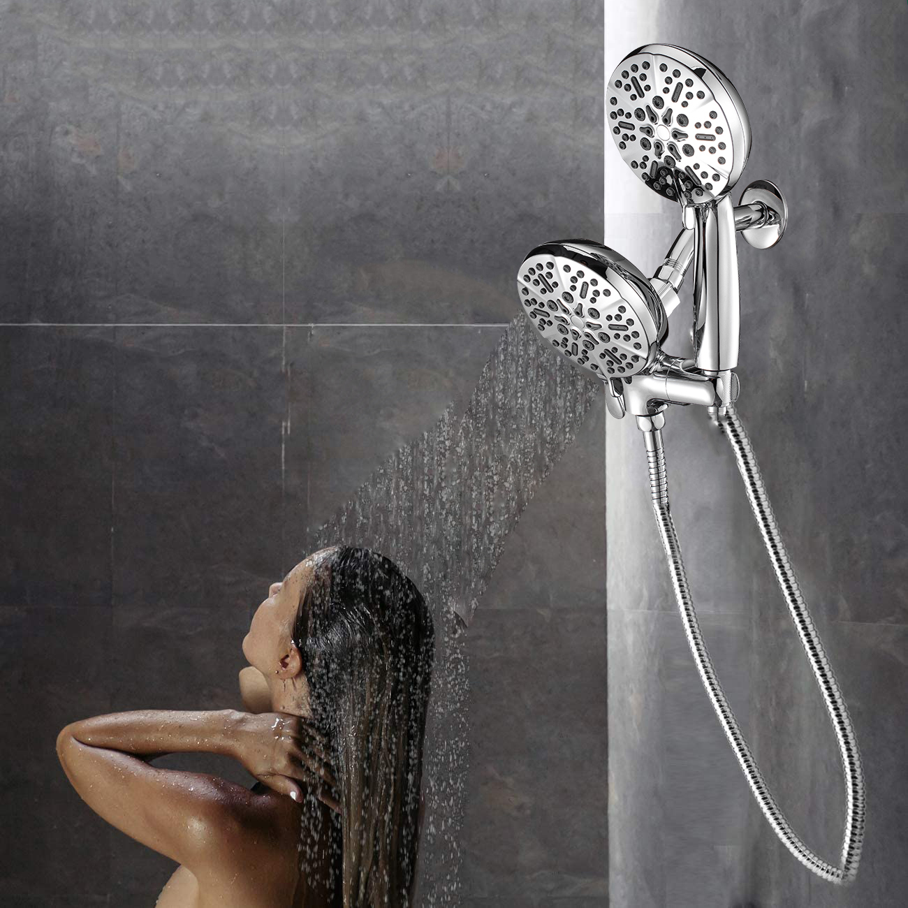 High Pressure Chrome 7 Functions Top Rainfall Rain Dual Shower Head Combo with Hand Held Shower