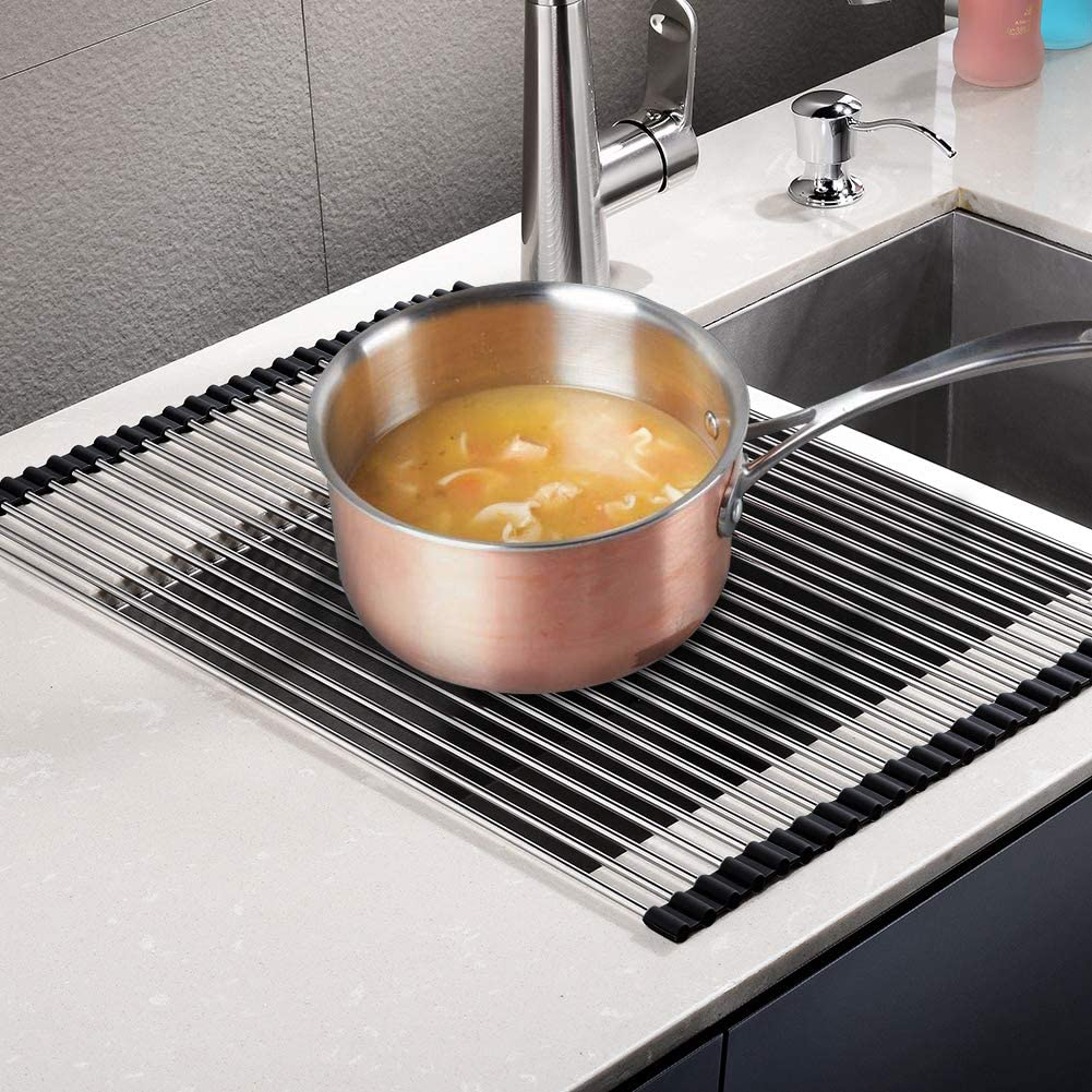 Dish Drying Rack 17.6" x 16", Over Sink Roll Up Large Dish Drainers Rack, Multipurpose Foldable Kitchen Sink Rack Mat Stainless Steel with Silicone Rims 