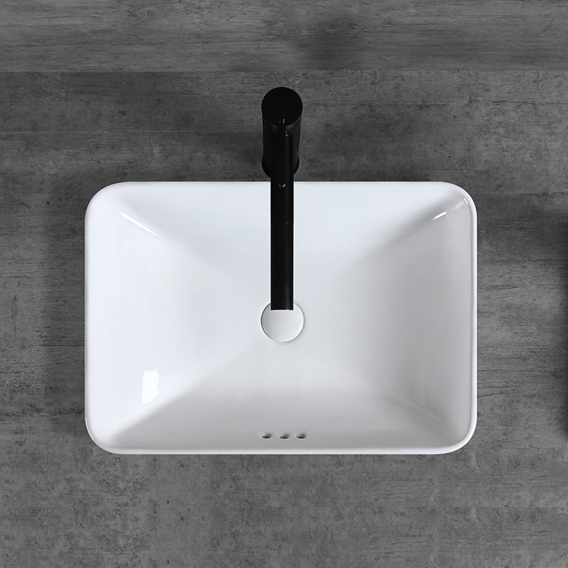 Rectangle Drop In Bathroom Sink White Ceramic Above Counter Semi Recessed Vessel Sink