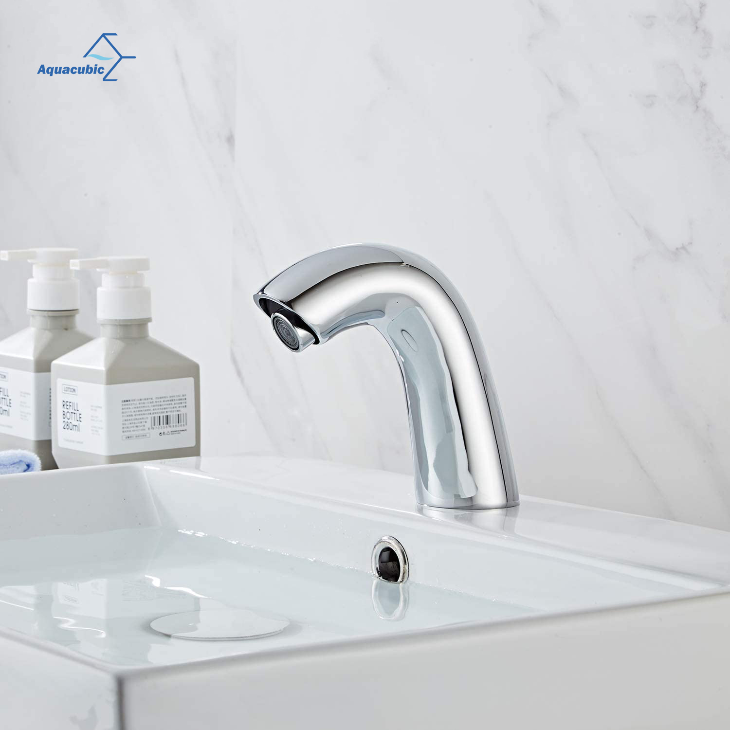 Automatic Sensor Touchless Chrome Bathroom Sink Faucet with Control Box and Temperature Mixer