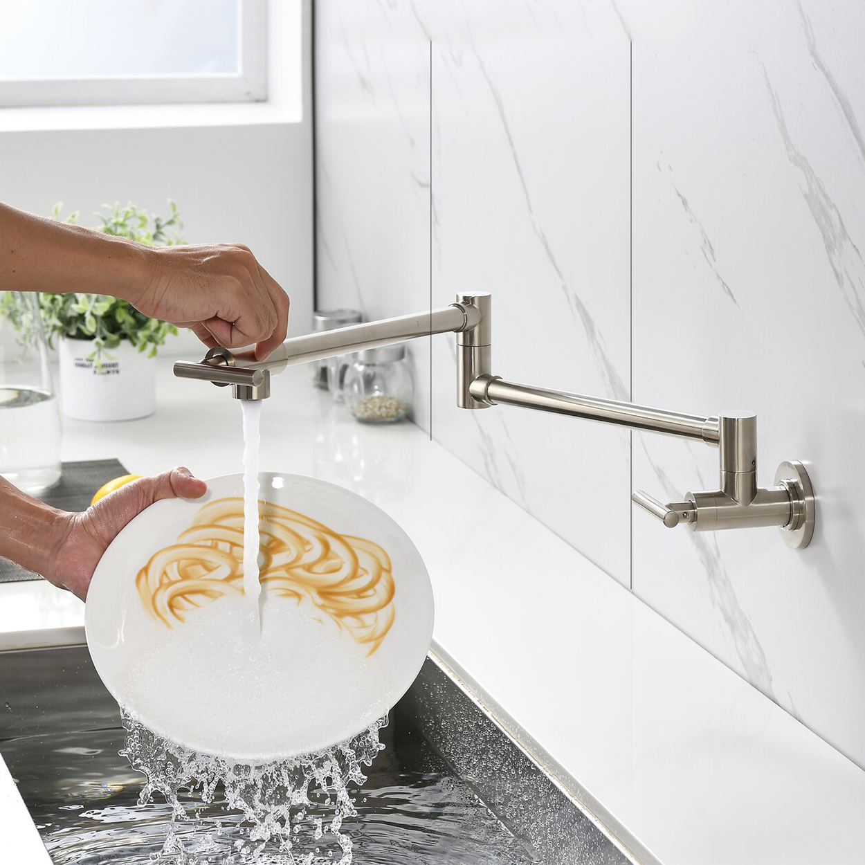 Modern Brass Made Wall Mount Retractable Single Hole brushednickel surface Pot filler with Two Handles