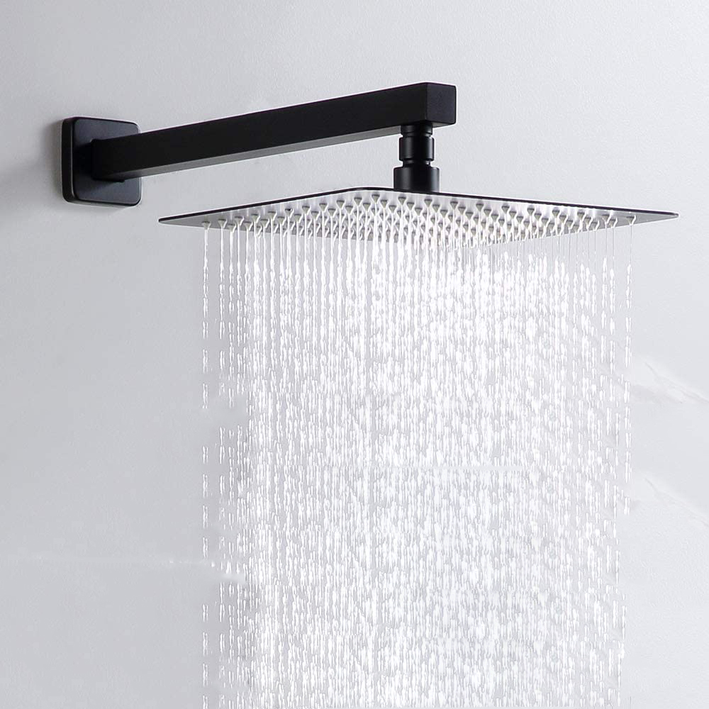 Aquacubic 12 Inch Square Matte Black Wall Mount Rain Shower Bath Shower Faucet Set with Tub Spout