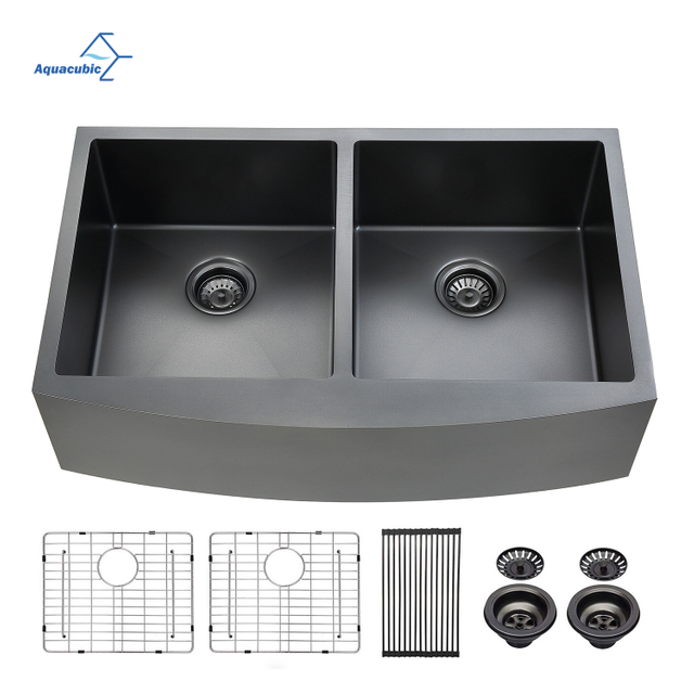 33x21 Gunmetal Black Divided 50/50 Farmhouse Kitchen Sink 304 Stainless Steel 9 Inch Deep Double Basin Apron Front Farm Sink for Kitchen