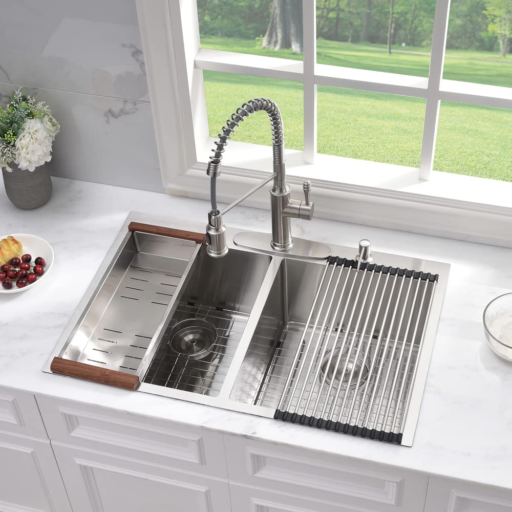 Large 36 Inch Drop-in 304 Stainless Steel PVD Nano Handmade Double bowl topmount Kitchen Sink