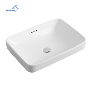 Rectangle Drop In Bathroom Sink White Ceramic Above Counter Semi Recessed Vessel Sink