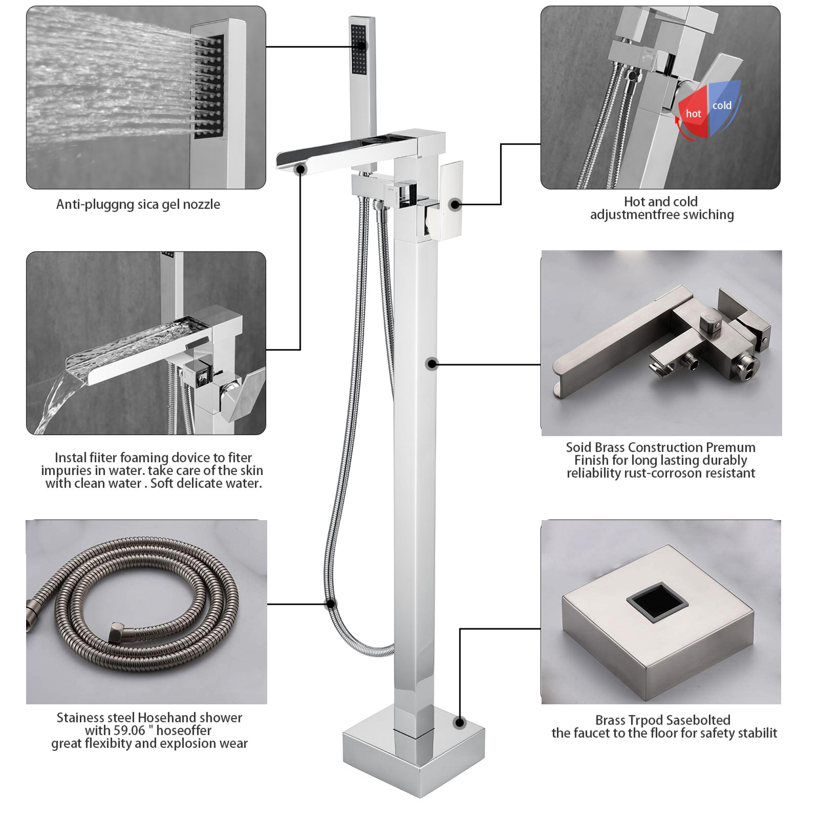 Aquacubic Freestanding Tub Filler Waterfall Bathtub Faucet Floor Mount Brass Bathroom Faucets with Hand Shower