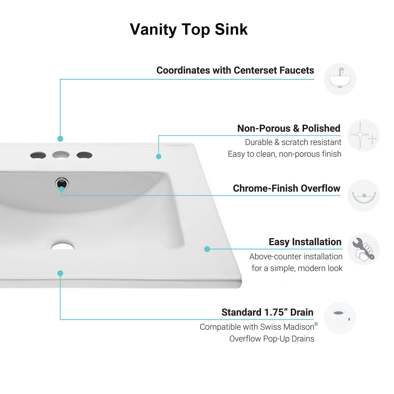High Standard Thin Edge 24 inch Rectangular Ceramic Countertop Basin Bathroom Hand Wash Sink with three faucet holes