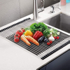 Dish Drying Rack 17.6" x 16", Over Sink Roll Up Large Dish Drainers Rack, Multipurpose Foldable Kitchen Sink Rack Mat Stainless Steel with Silicone Rims 