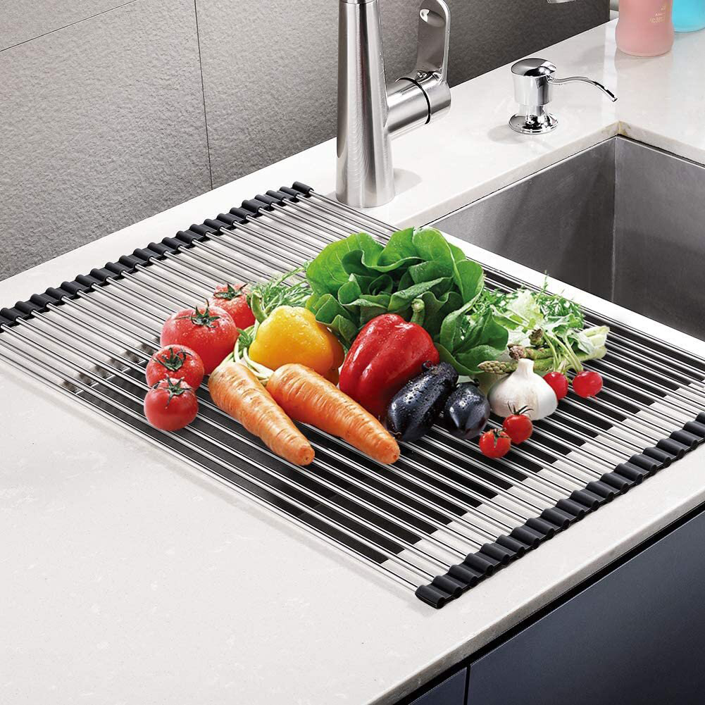 Dish Drying Rack 17.6" x 16", Over Sink Roll Up Large Dish Drainers Rack, Multipurpose Foldable Kitchen Sink Rack Mat Stainless Steel with Silicone Rims 