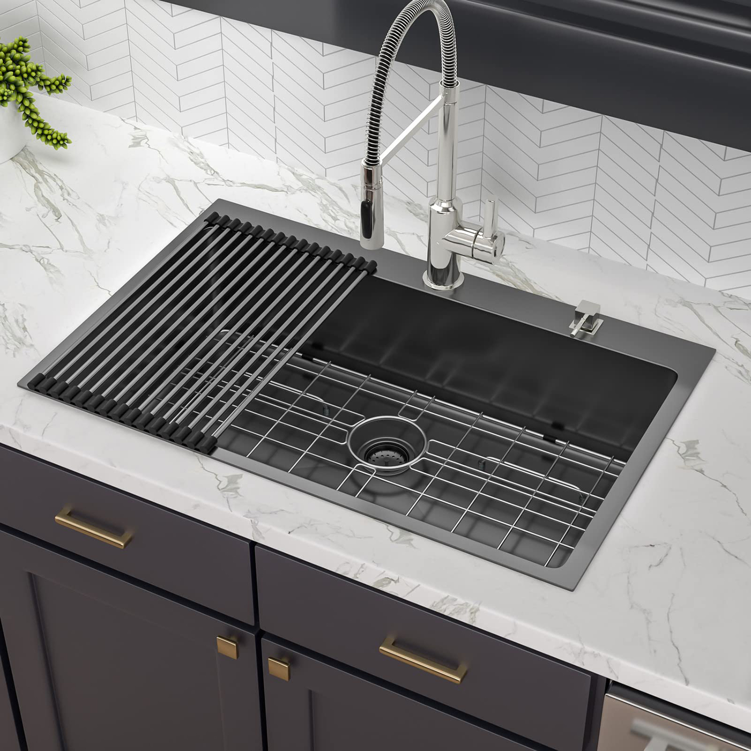 Modern Deep 36"×22" Granite rectangular Single Bowl 304 Stainless Steel handmade Basin Topmount Kitchen Sink