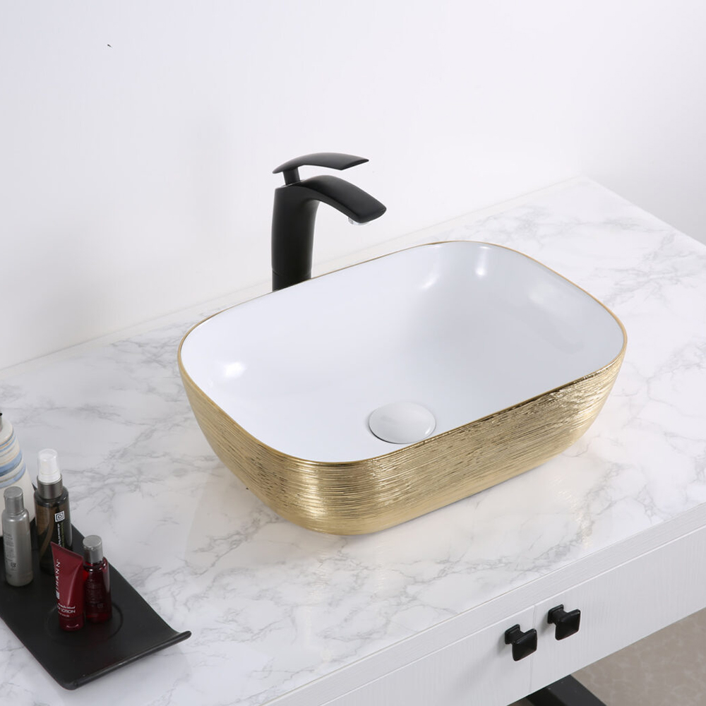 Luxury Royal Washbasin Counter Top Lavatory Ceramic Art Basin Golden Bathroom Vessel Sink Gold Plated Hand Wash Basin