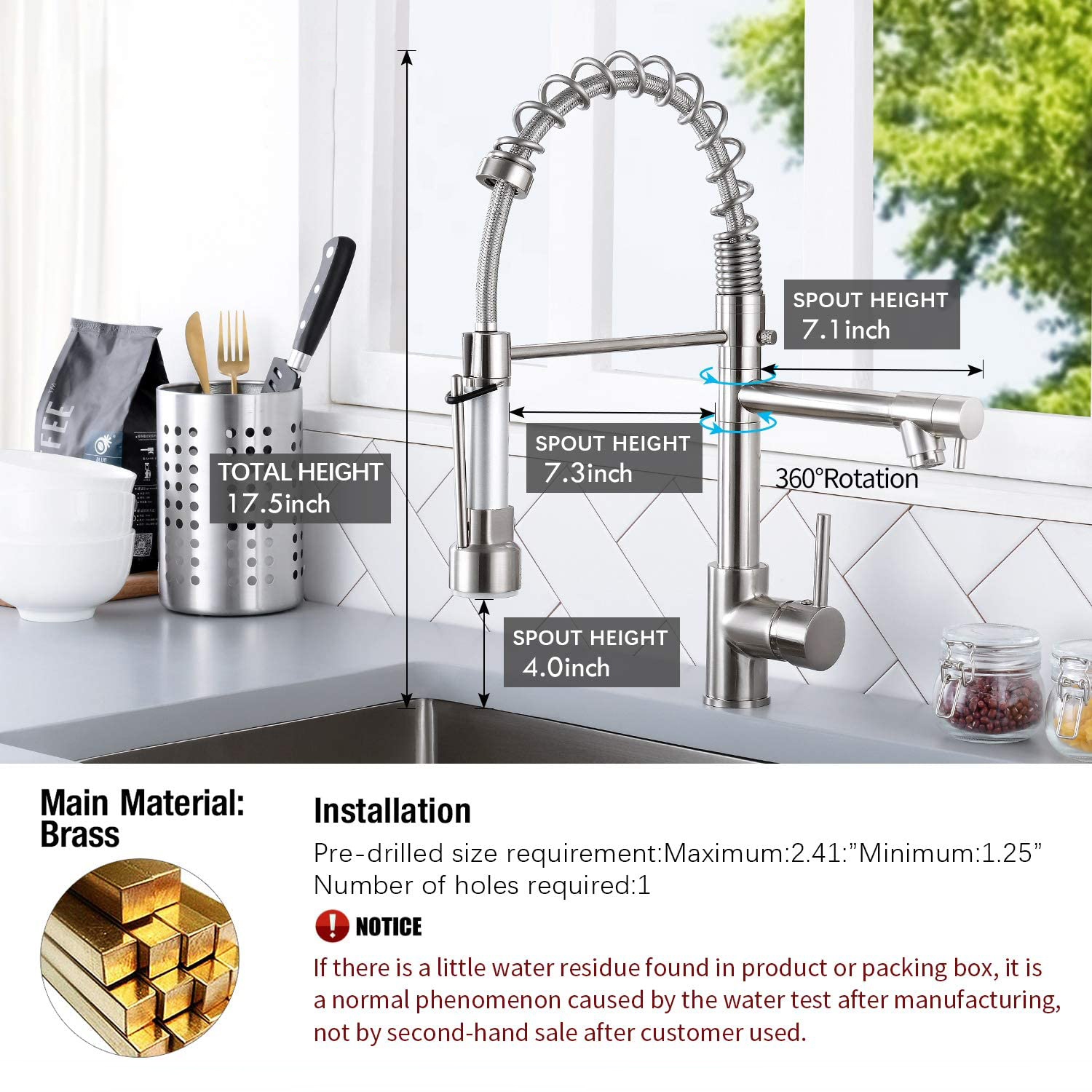 Aquacubic Top Class cUPC Commercial Spring neck Pull Down Kitchen Faucet with Sprayer 