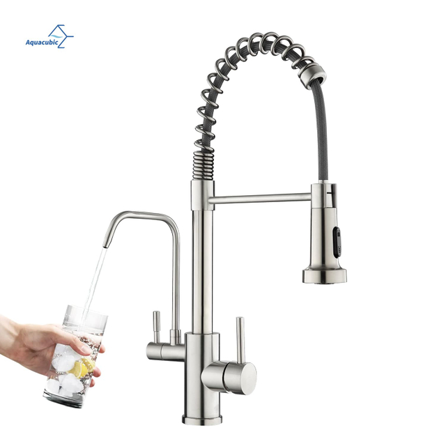 3-in-1 Pull Down Kitchen Faucet with Drinking Water Tap | 20" High Arc, Brushed Nickel | No Filter Required