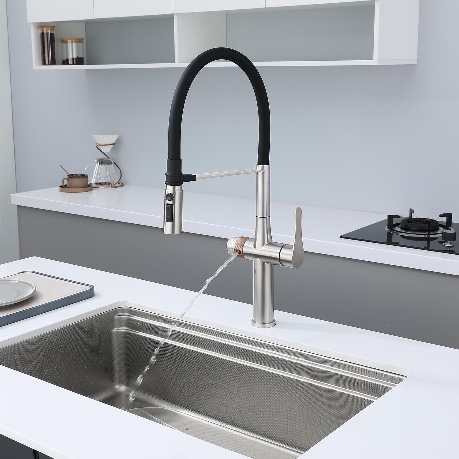 3 in 1 Kitchen Sink Faucet with Pull Out Sprayer, 3 Way Kitchen Faucet, Cold and Hot Water Mixer, Drinking Water Faucet, Magnetic Docking